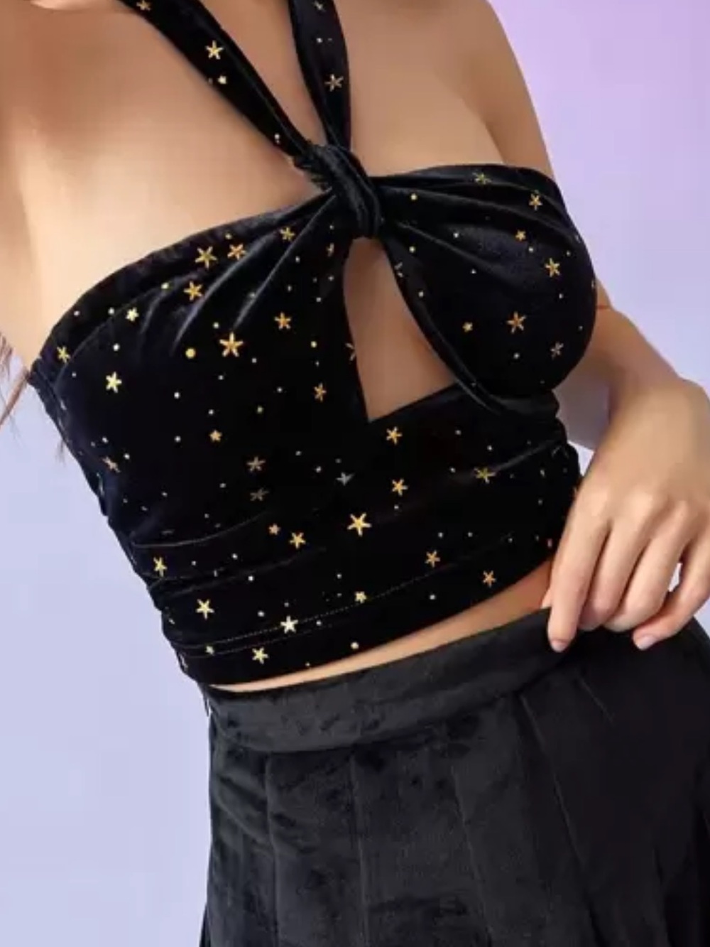 ROMWE Black Gold star velvet Halter Crop Top